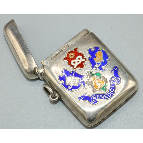 1140 - Edwardian hallmarked silver rectangular vesta case, enamelled with four crests for 'Comfort and Vice... 