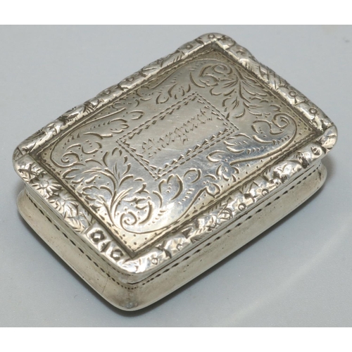 1139 - William IV hallmarked silver small vinaigrette, hinged cover engraved Margaret in cartouche on scrol... 