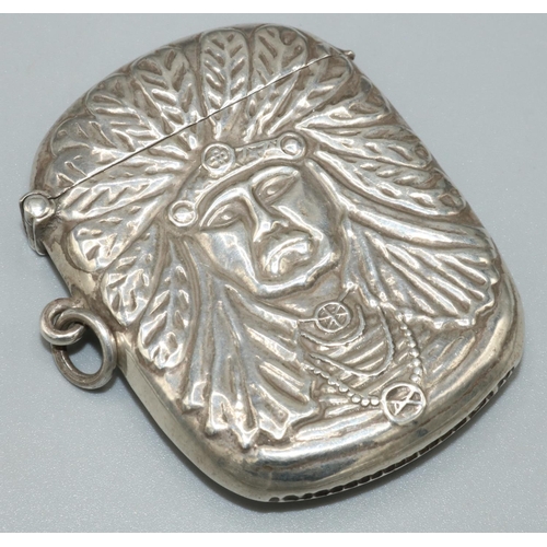 1104 - American Sterling silver rounded rectangular vesta case, back and front relief decorated with a port... 