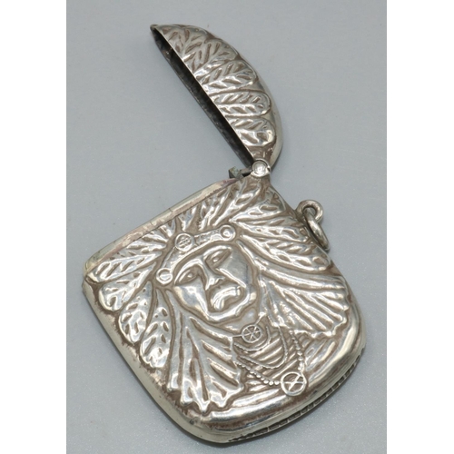 1104 - American Sterling silver rounded rectangular vesta case, back and front relief decorated with a port... 