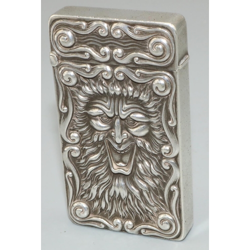 1137 - American Sterling silver rectangular vesta case, front relief decorated with a portrait of a grimaci... 