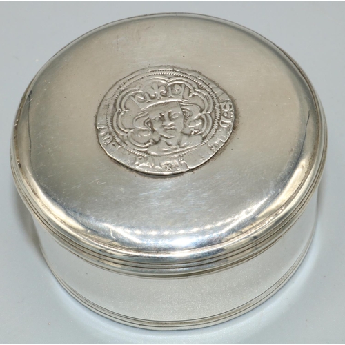 1142 - George III hallmarked silver cylindrical box, cover applied with an early English hammered coin, pos... 