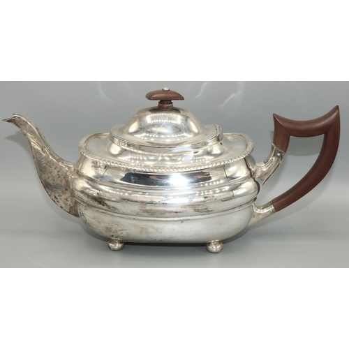 1201 - George.VI hallmarked silver four piece tea service, ovoid bodies with gadrooned rims on ball feet, m... 