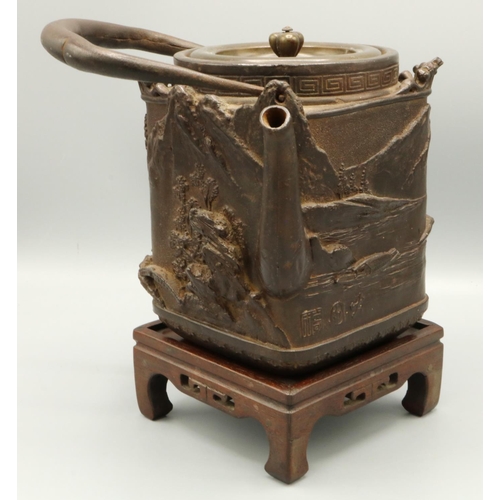 1264 - Japanese Meiji period cast iron Tetsubin or kettle, square body decorated in high relief with mounta... 