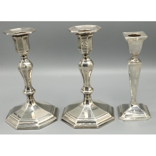 1165 - Pair of C18th style silver hallmarked octagonal candlesticks, with detachable sconces and single kno... 