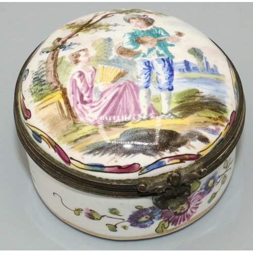 1223 - C19th French white enamel circular box, gilt metal mounted hinged lid painted with lovers in a garde... 