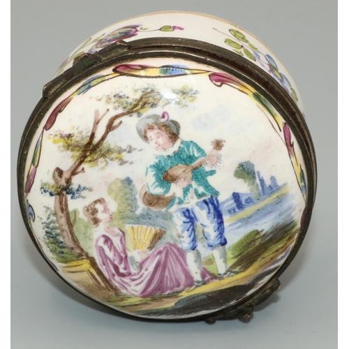 1223 - C19th French white enamel circular box, gilt metal mounted hinged lid painted with lovers in a garde... 