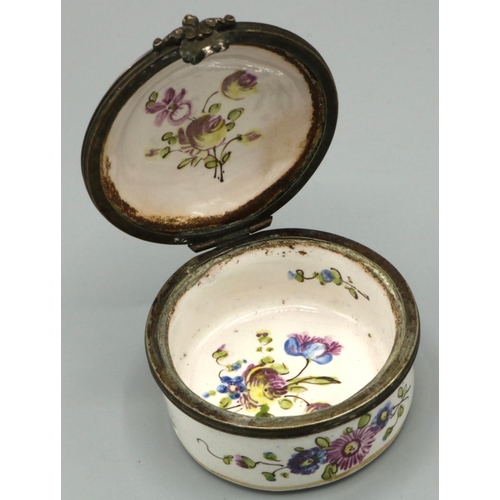 1223 - C19th French white enamel circular box, gilt metal mounted hinged lid painted with lovers in a garde... 