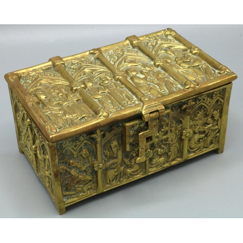 1281 - Belgian cast brass reliquary casket, all over decorated with Biblical scenes in Gothick arched panel... 