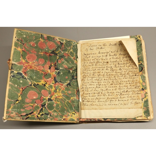 1301 - Vellum bound c19th scrap book, containing hand-written prose, riddles, etc.  and articles from the c... 