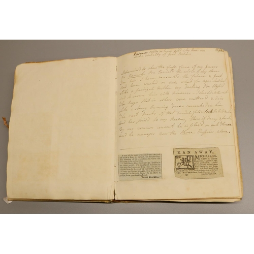 1301 - Vellum bound c19th scrap book, containing hand-written prose, riddles, etc.  and articles from the c... 