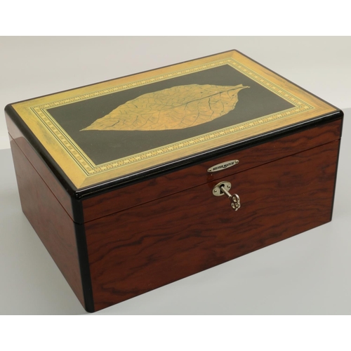 1243 - C20th Silver Match humidor in burr wood, hinged lid decorated with  tobacco leaf, cedar lined interi... 