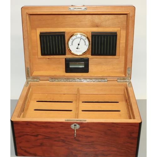 1243 - C20th Silver Match humidor in burr wood, hinged lid decorated with  tobacco leaf, cedar lined interi... 