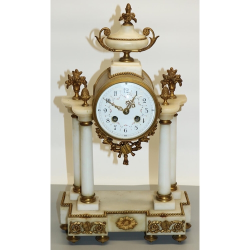 1434 - C19th French white marble and gilt metal mounted portico clock, the brass hour strike drum movement ... 