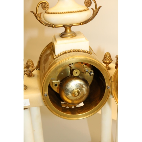 1434 - C19th French white marble and gilt metal mounted portico clock, the brass hour strike drum movement ... 