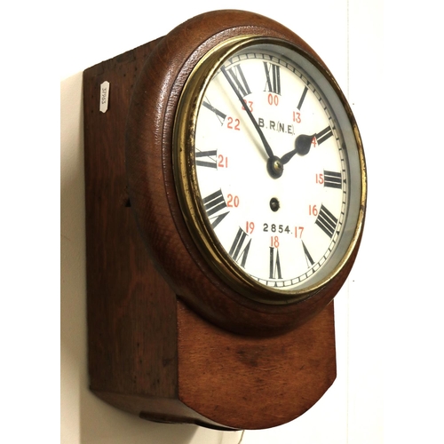 1431 - C20th oak cased drop dial Railway wall clock with brass bezel, circular white enamel Roman dial with... 