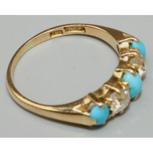 1024 - 18ct yellow gold five stone diamond and turquoise ring, the three oval cabochon cut turquoises separ... 