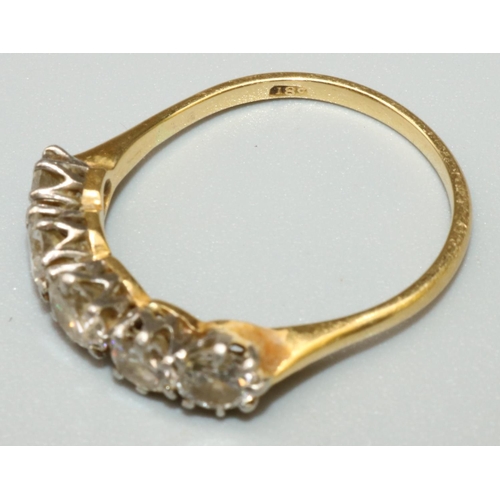 1011 - 18ct yellow gold five stone diamond ring, set with five brilliant cut diamonds, in claw settings, on... 