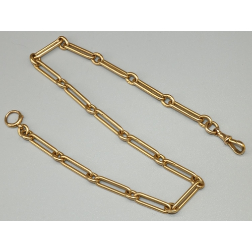 1005 - 18ct yellow gold alternating long and short link necklace with dog clip clasp, stamped 18, L43cm, 52... 