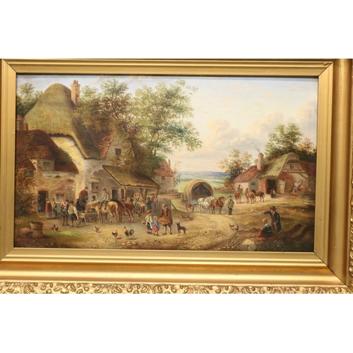 1353 - Attrib. Edward Masters (fl.1869-1880); An English Village scene with figures, animals, horses, and c... 