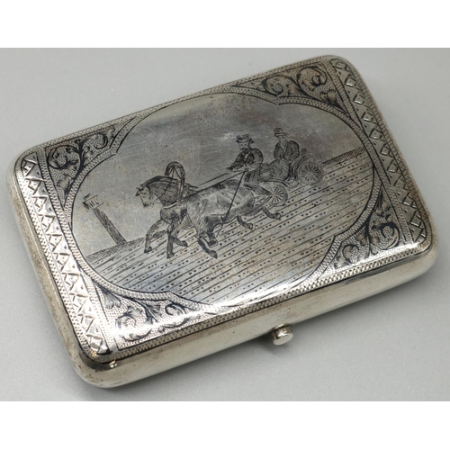 1076 - C19th Russian silver rectangular cigarette case, hinged lid niello decorated with a Troika in shaped... 