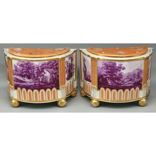 1212 - Pair of early C19th Davenport D-shaped bough pots with pierced covers, three panels each painted wit... 