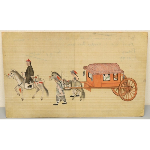 1375 - Chinese School (C20th); Figures with a horse drawn carriage, watercolour on silk laid on card, 16.5c... 