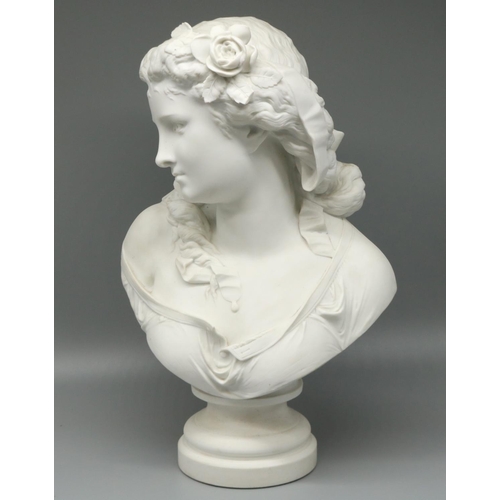 1213 - After Albert-Ernest Carrier-Belleuse; Parianware head and shoulder bust of a young girl with flowers... 