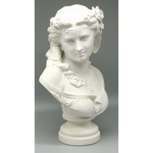 1213 - After Albert-Ernest Carrier-Belleuse; Parianware head and shoulder bust of a young girl with flowers... 