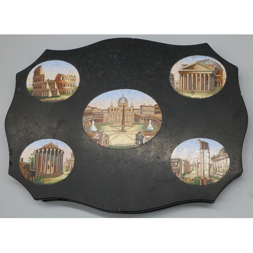 1260 - C19th Grand Tour shaped rectangular black marble desk weight, inset with five oval micro-mosaic vist... 