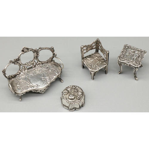 1109 - Edward VII hallmarked continental silver rococo style miniature sofa, scrolled openwork back with se... 