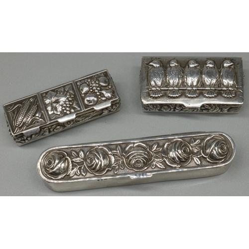 1197 - Continental silver rectangular toothpick box, hinged lid repousse with roses, a similar three sectio... 