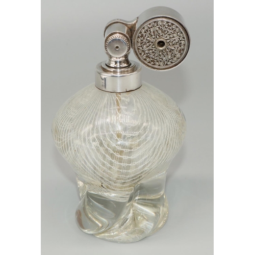 1236 - C20th clear glass perfume bottle, shaped body with white latticino decoration, chromed metal atomise... 