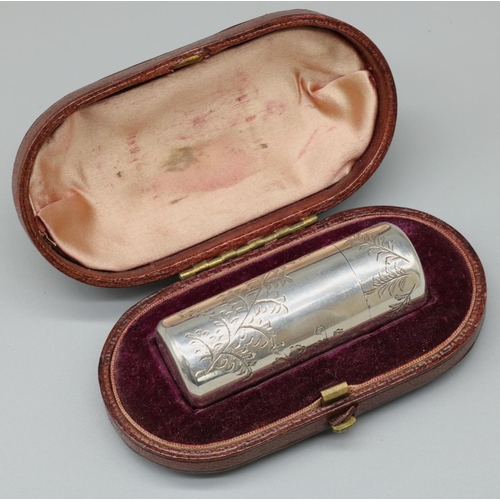 1113 - Victorian hallmarked silver smelling salts bottle, bright cut and engraved with ferns, with hinged c... 