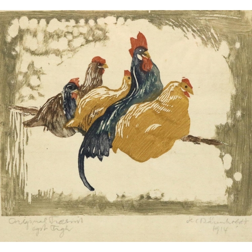 1365 - Hans Christian Barenholdt (Danish 1890-1976); Chickens roosting on a branch, woodcut, signed, titled... 