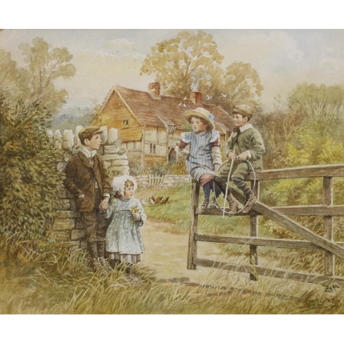 1377 - J. C. Lund (British C20th); Group of Children by a Cottage garden gate, watercolour, signed, 21cm x ... 