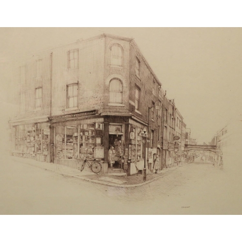 1378 - William Geldart (British Contemporary); 'The Corner Shop Altrincham' pencil, signed, 39cm x 49cm, ti... 