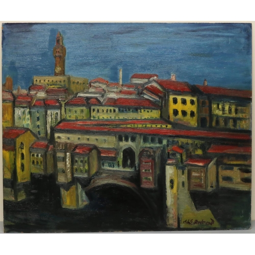 1360 - After James Lawrence Isherwood (1917-1989); 'Pont Vecchio Florence' oil on board, signed, inscribed ... 