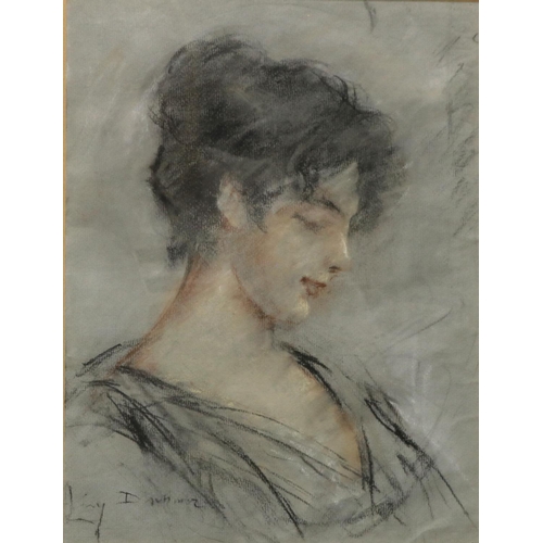 1381 - English School (C20th); Portrait of a young girl, head and shoulder, pastel, indistinctly signed, 30... 