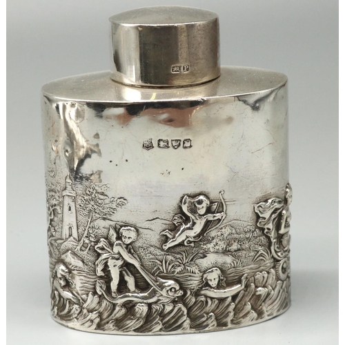 1132 - Victorian hallmarked silver tea caddy, oval body repousse decorated with Putti in a seascape, by Geo... 