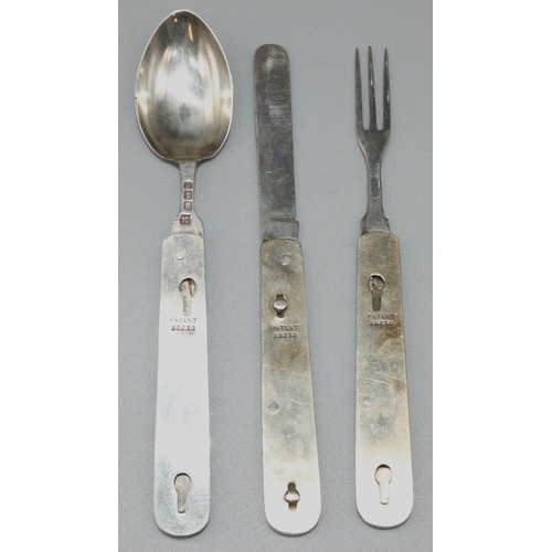 1071 - Edward VII hallmarked silver mother of pearl handled travelling folding knife, fork and spoon, blade... 