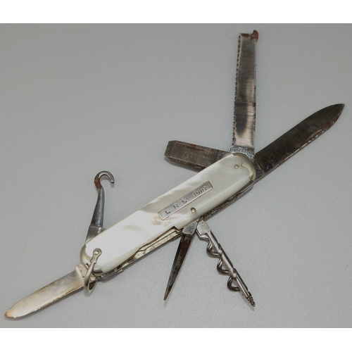 1242 - Large early C20th Underwood of London utility knife with two blades, saw. file, screwdriver, spike, ... 