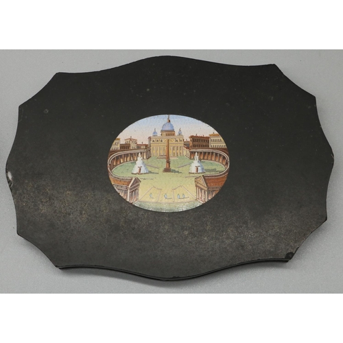 1270 - C19th Grand Tour shaped rectangular black marble desk weight, inset with an oval micro-mosaic vista ... 