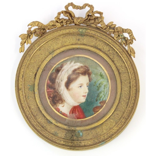 1382 - English School C19th, portrait miniature of a young girl with white headscarf, tondo watercolour on ... 