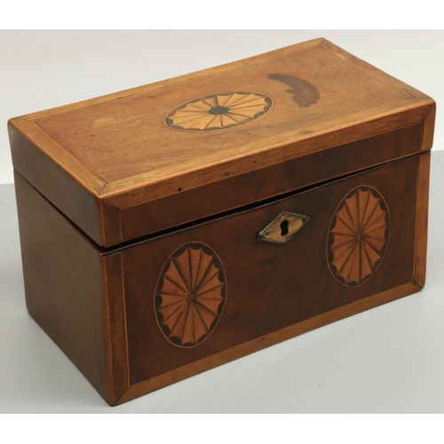 1283 - Early C19th satinwood crossbanded rectangular tea caddy, inlaid with three fan paterae, interior rem... 