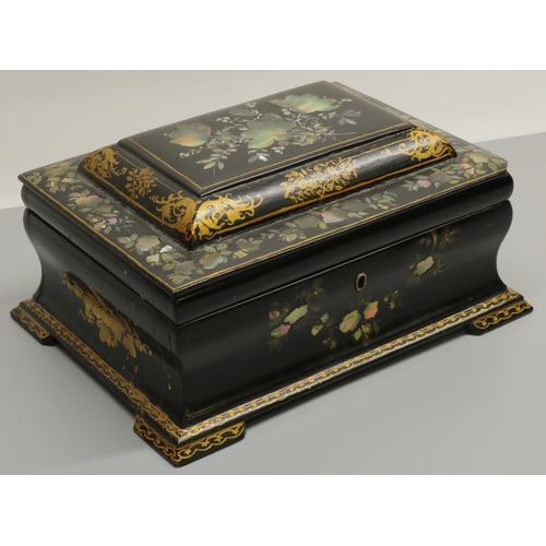 1285 - Victorian papier mache rectangular jewellery box, chinoiserie decorated with flowers, stepped hinged... 