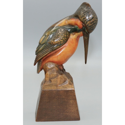 1272 - C20th Faust Lang painted carved wooden model of a Kingfisher on a rock, signed H15cm