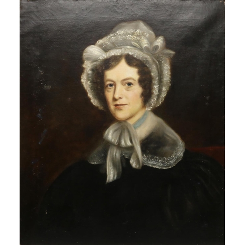 1367 - English School (C19th); Head and shoulder portrait study of a lady wearing black dress and ribbon ti... 