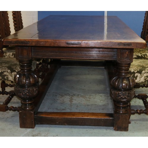 1392 - C17th style oak refectory table, cleated planked top on four fluted cup and cover supports with bloc... 