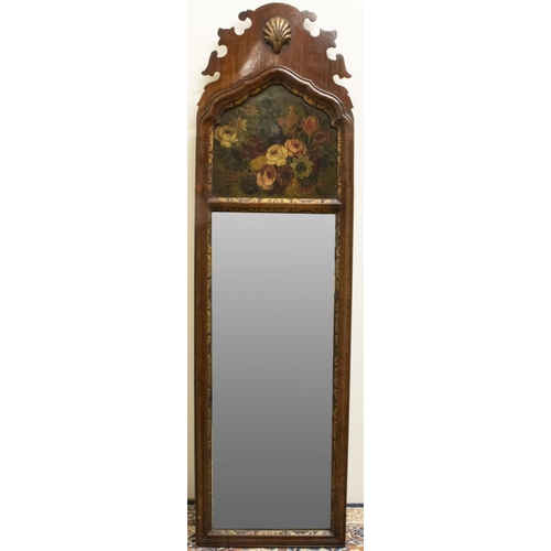 1404 - George III style mahogany Trumeau type mirror, arched top painted with still life study of flowers a... 